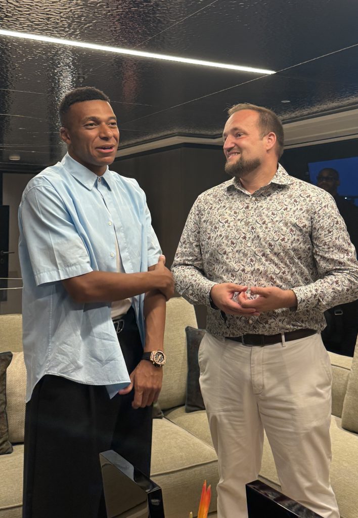 Kylian Mbappé and Zsolt Szemerszky attends the LOEWE for Jacob & Co event aboard the M/Y Loewe Yacht on August 27, 2025 in Monaco, Monaco.